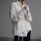 White fuzzy cardigan with button front and V-neck, long sleeves