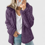 Purple plush sherpa hooded jacket, long sleeves, open front