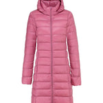 Light pink ultralight long puffer jacket with attached hood and front zipper