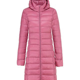 Light pink ultralight long puffer jacket with attached hood and front zipper
