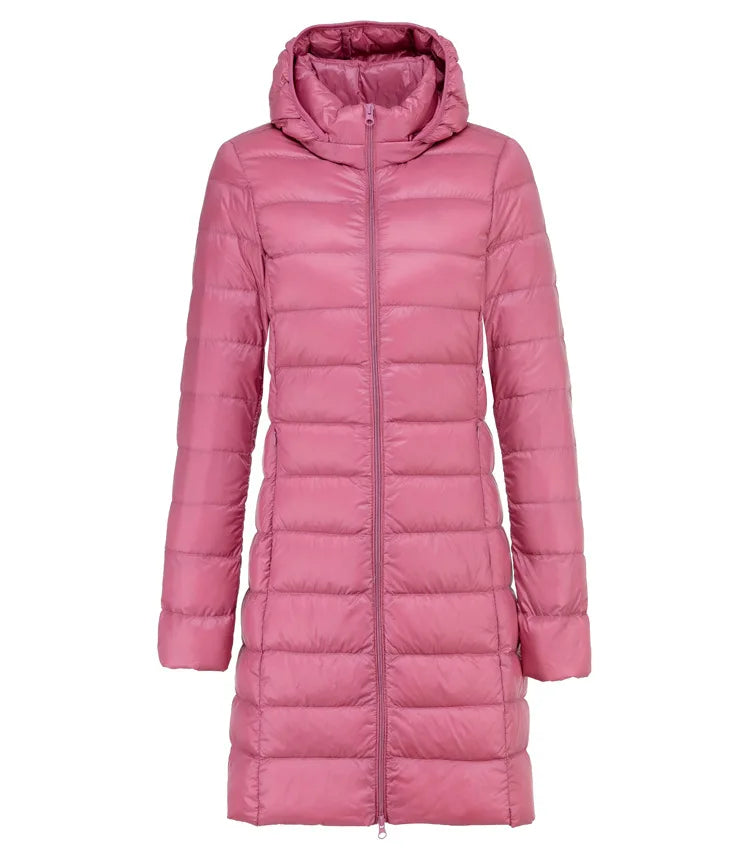 Light pink ultralight long puffer jacket with attached hood and front zipper