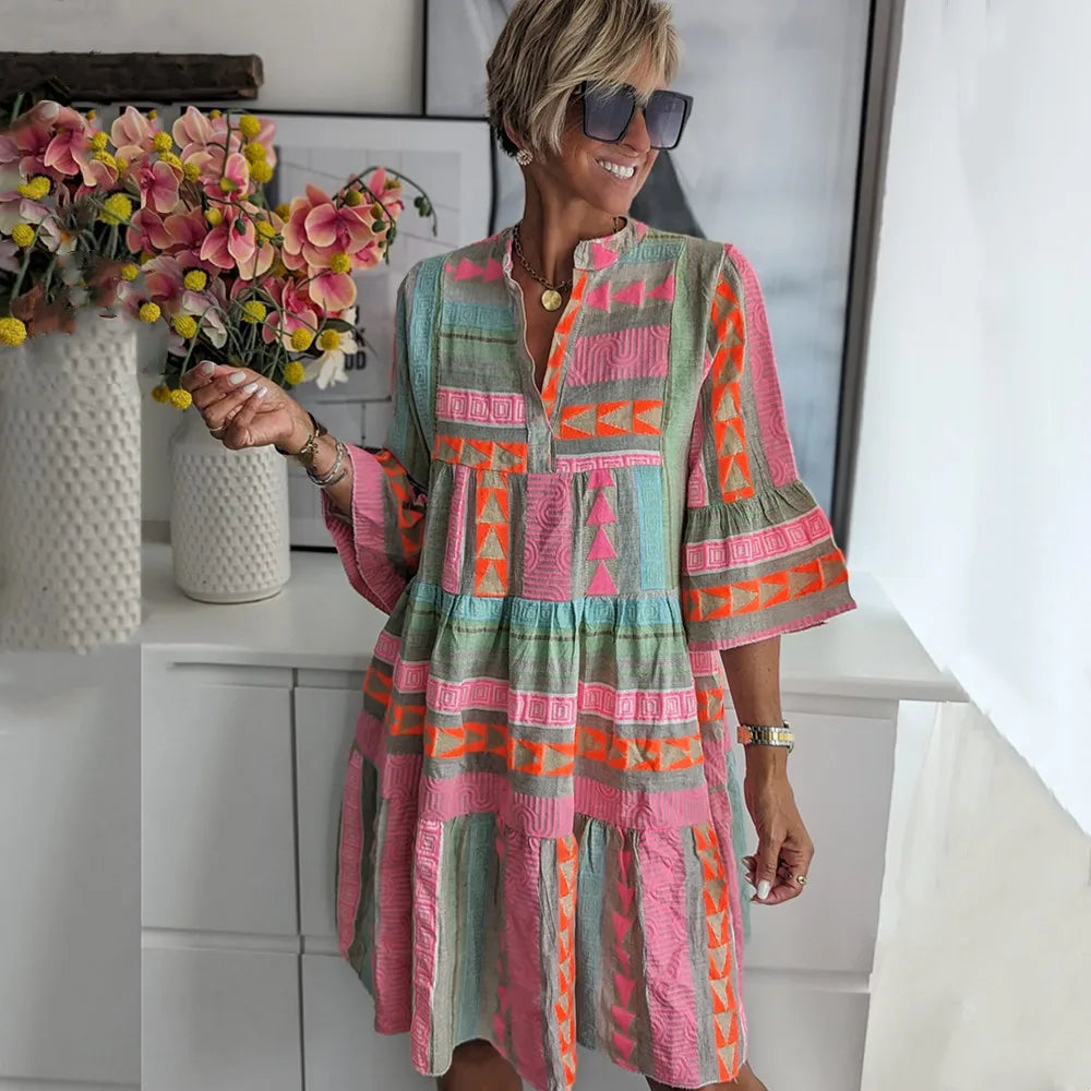Ava™ cotton-hemp V-neck summer dress, multicolor geometric tiered print