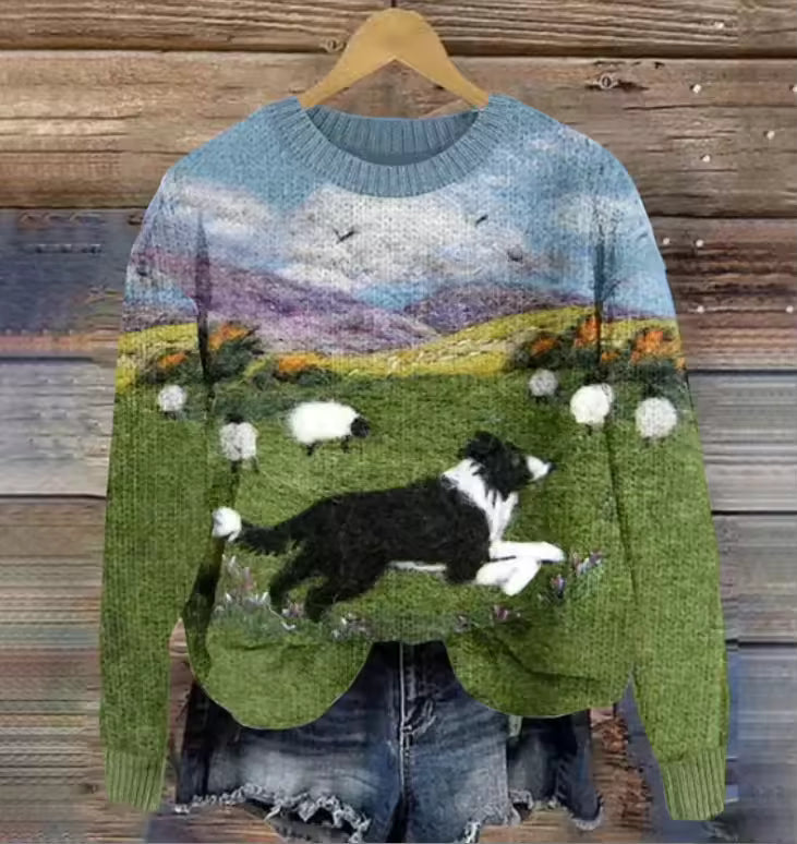 Soft-touch hoodie with blue-to-green landscape print and standing dog graphic