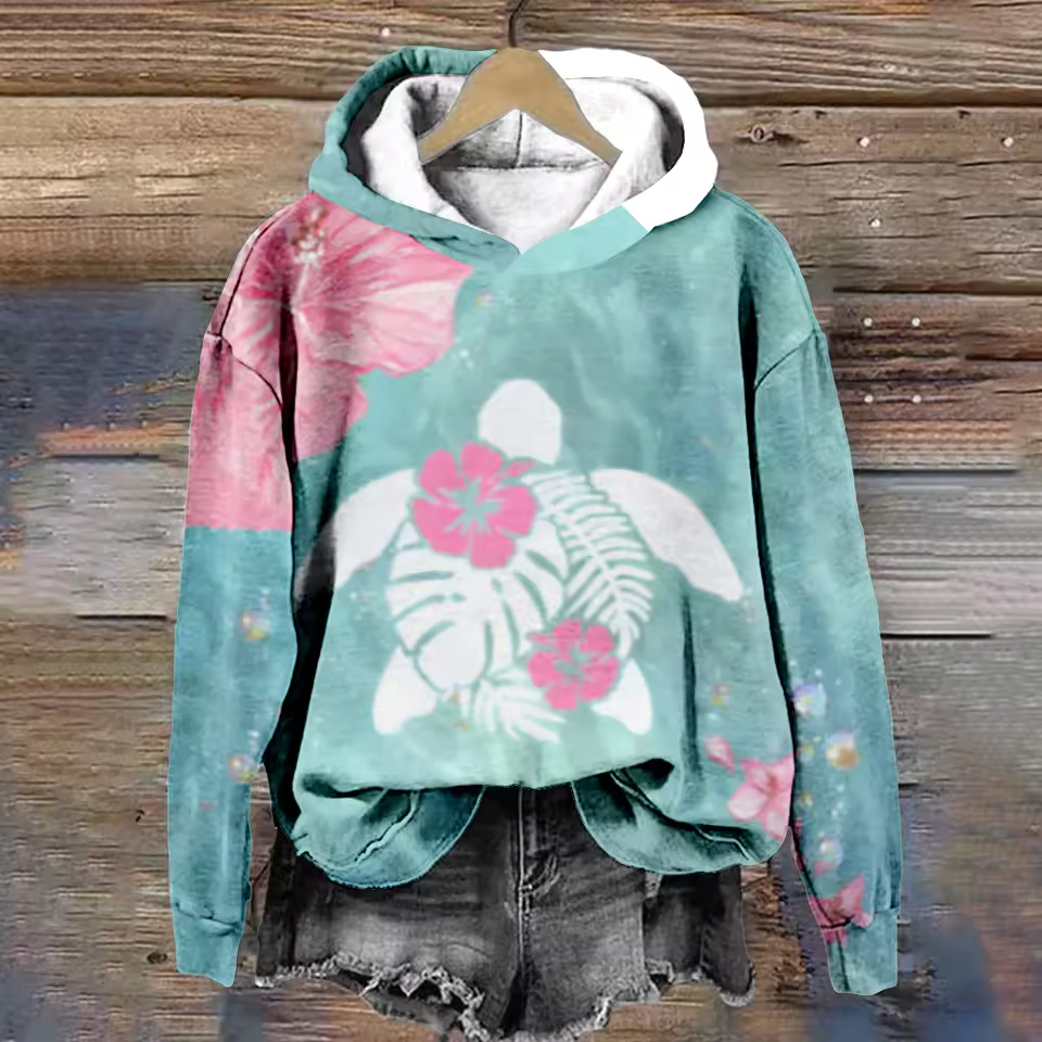 Comfort hoodie in teal with colorful floral print and kangaroo pocket