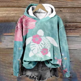 Comfort hoodie in teal with colorful floral print and kangaroo pocket
