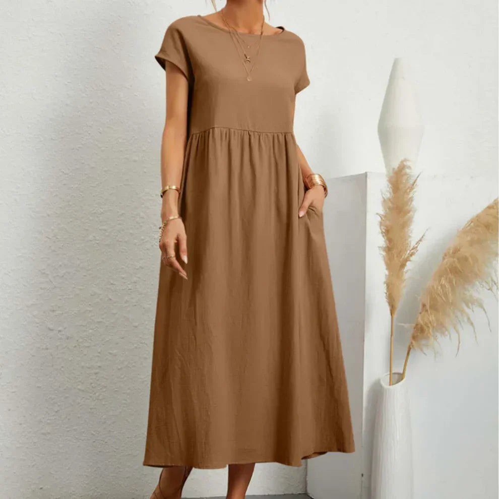 Caroline™ casual midi dress with cap sleeves, round neck, gathered waist, tan