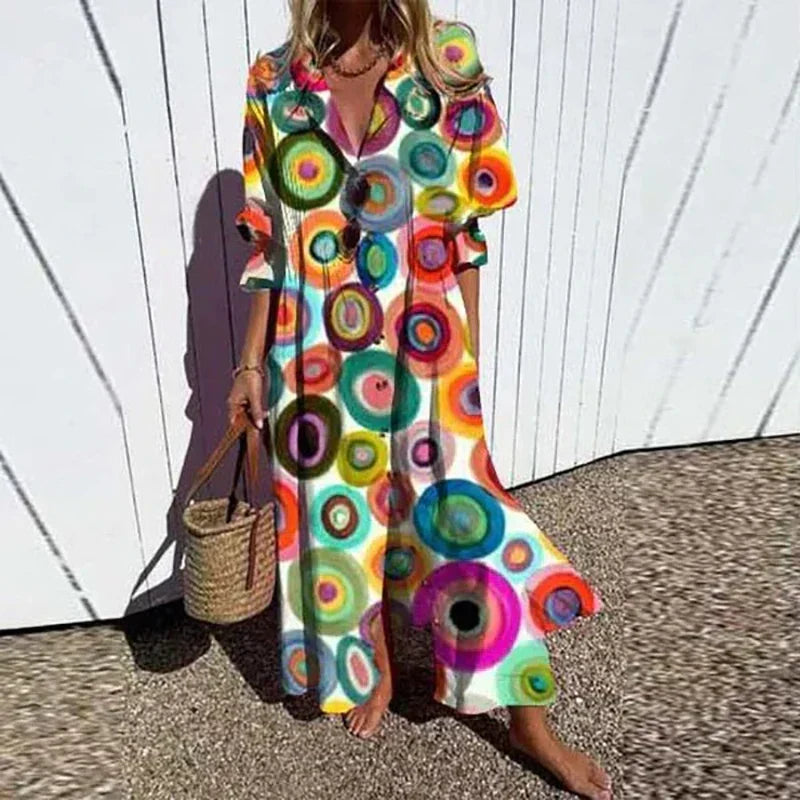 Bohemian maxi dress with colorful circle pattern, V-neck, button front, short puff sleeves