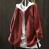 Der Ansley cozy cardigan, burgundy textured knit, button front, cowl hood, patch chest pocket