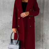Burgundy double-breasted overcoat with notch lapels, long sleeves, and buttoned flap pockets