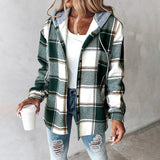 Isabella™ green plaid hooded jacket with button front and long sleeves