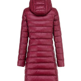 Dark red ultralight long puffer jacket with attached hood and full-length zipper
