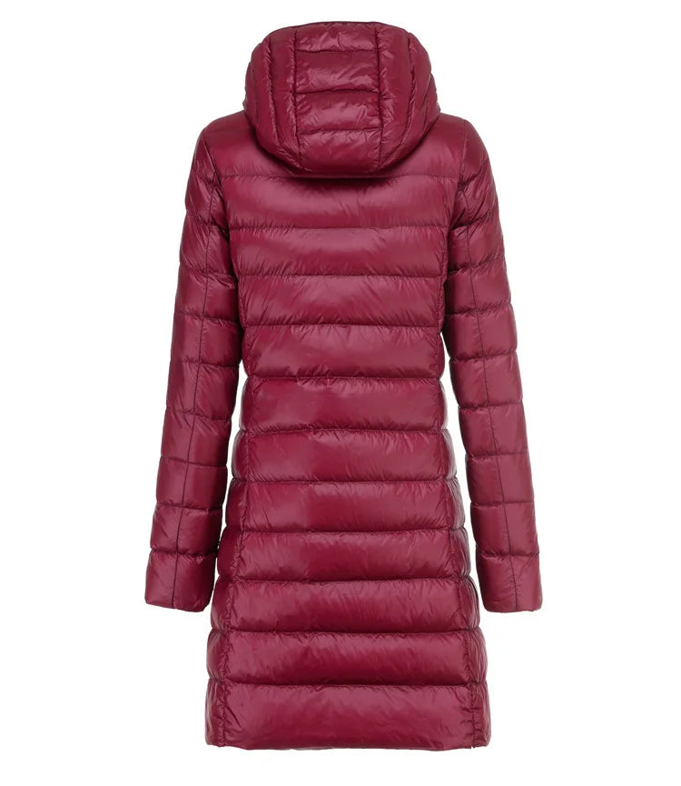 Dark red ultralight long puffer jacket with attached hood and full-length zipper