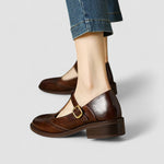 Brown orthopedic Mary Jane shoe with side buckle strap and low block heel