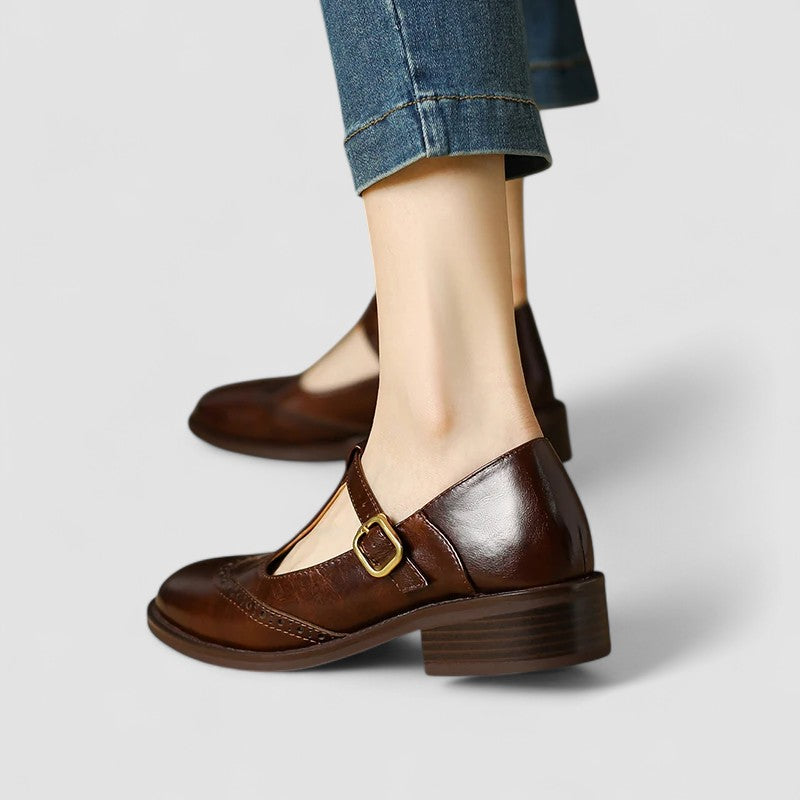 Brown orthopedic Mary Jane shoe with side buckle strap and low block heel