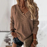 Brown V-neck knit pullover sweater with long sleeves and ribbed neckline