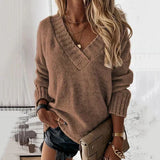 Brown V-neck knit pullover sweater with long sleeves and ribbed neckline