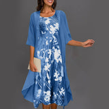 Blue floral dress set with matching open-front cardigan overlay, round neckline