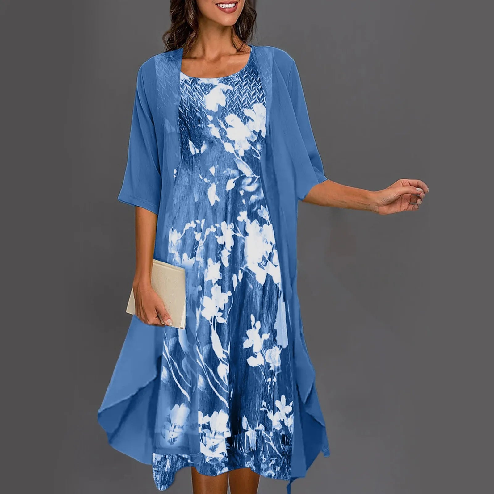 Blue floral dress set with matching open-front cardigan overlay, round neckline