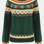 Marion vintage Icelandic sweater in deep green with cream and orange Nordic Fair Isle pattern
