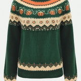 Marion vintage Icelandic sweater in deep green with cream and orange Nordic Fair Isle pattern