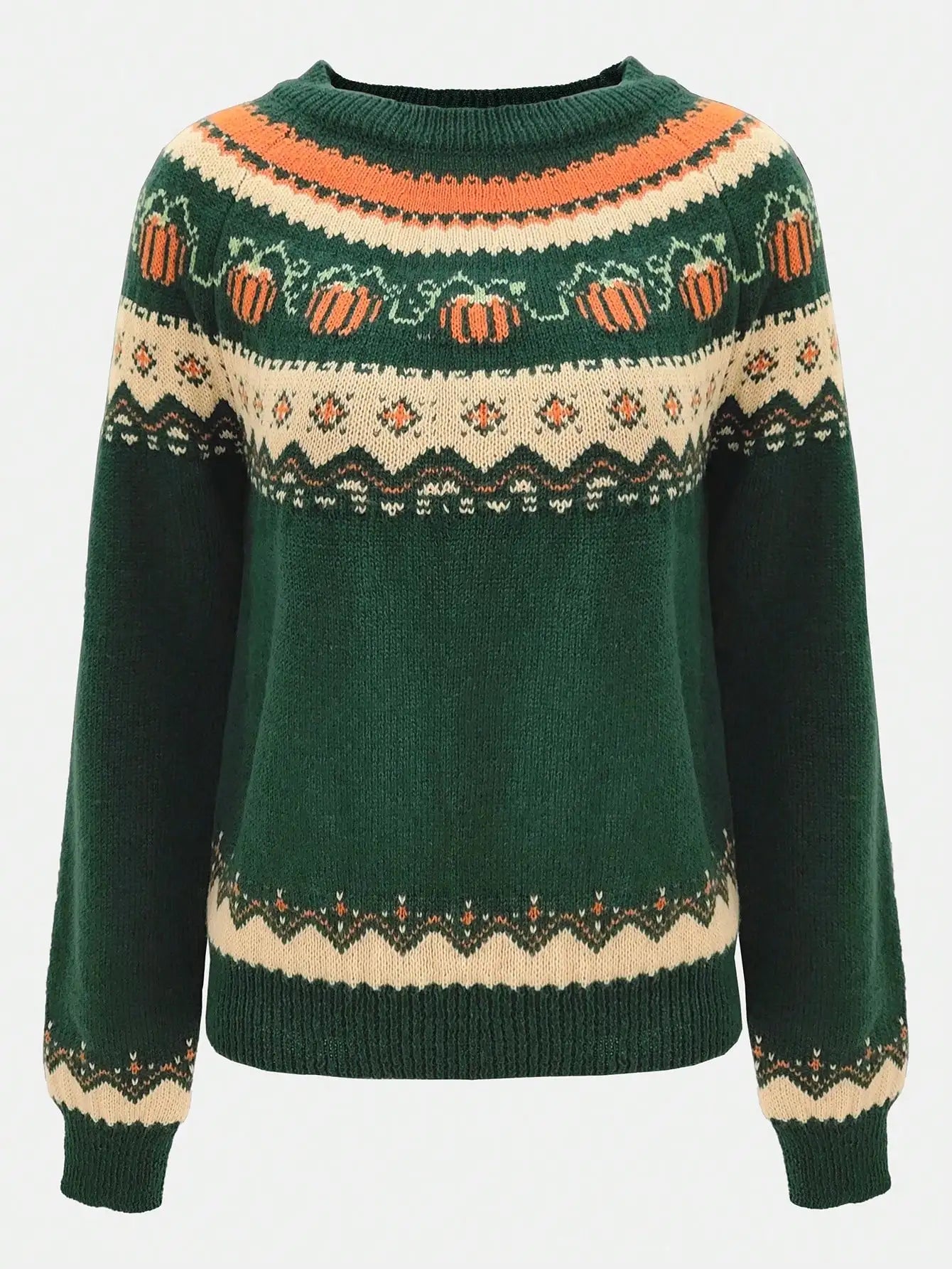 Marion vintage Icelandic sweater in deep green with cream and orange Nordic Fair Isle pattern