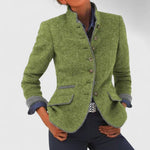 Womens wool blazer jacket in green with 4-button front, flap pockets, contrast trim