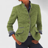 Womens wool blazer jacket in green with 4-button front, flap pockets, contrast trim