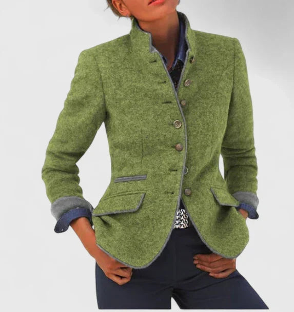 Womens wool blazer jacket in green with 4-button front, flap pockets, contrast trim