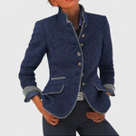 Womens wool blazer jacket in blue with 4-button front, flap pockets, contrast trim