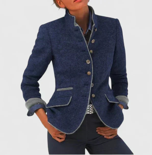 Womens wool blazer jacket in blue with 4-button front, flap pockets, contrast trim