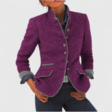 Womens wool blazer jacket in purple with 4-button front, flap pockets, contrast trim