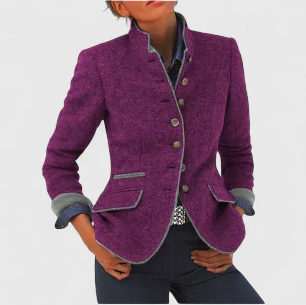 Womens wool blazer jacket in purple with 4-button front, flap pockets, contrast trim