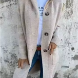 Heidi™ long knit cardigan in beige with ribbed cuffs, button front, side pockets