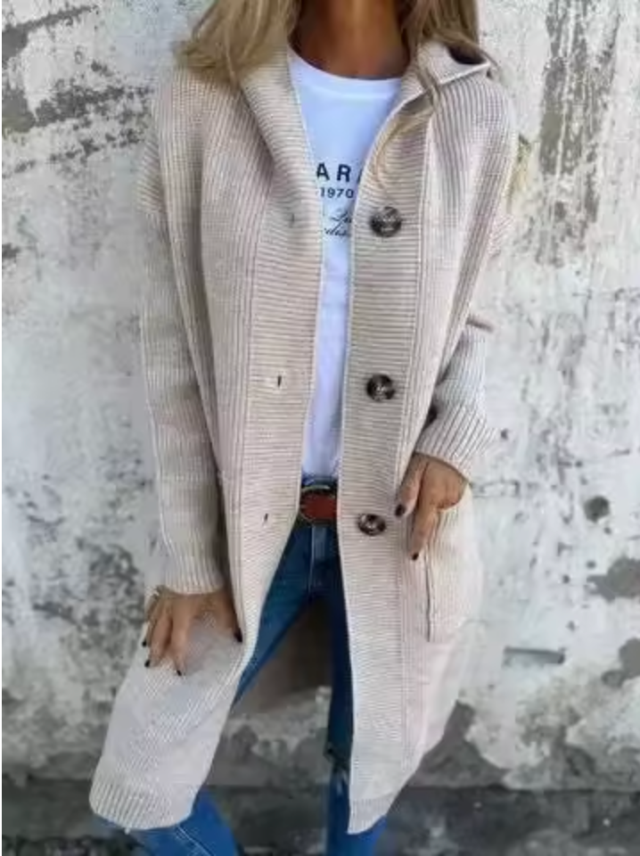 Heidi™ long knit cardigan in beige with ribbed cuffs, button front, side pockets