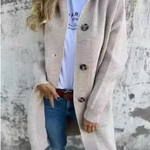 Heidi™ long knit cardigan in beige with button front and side pockets, open collar