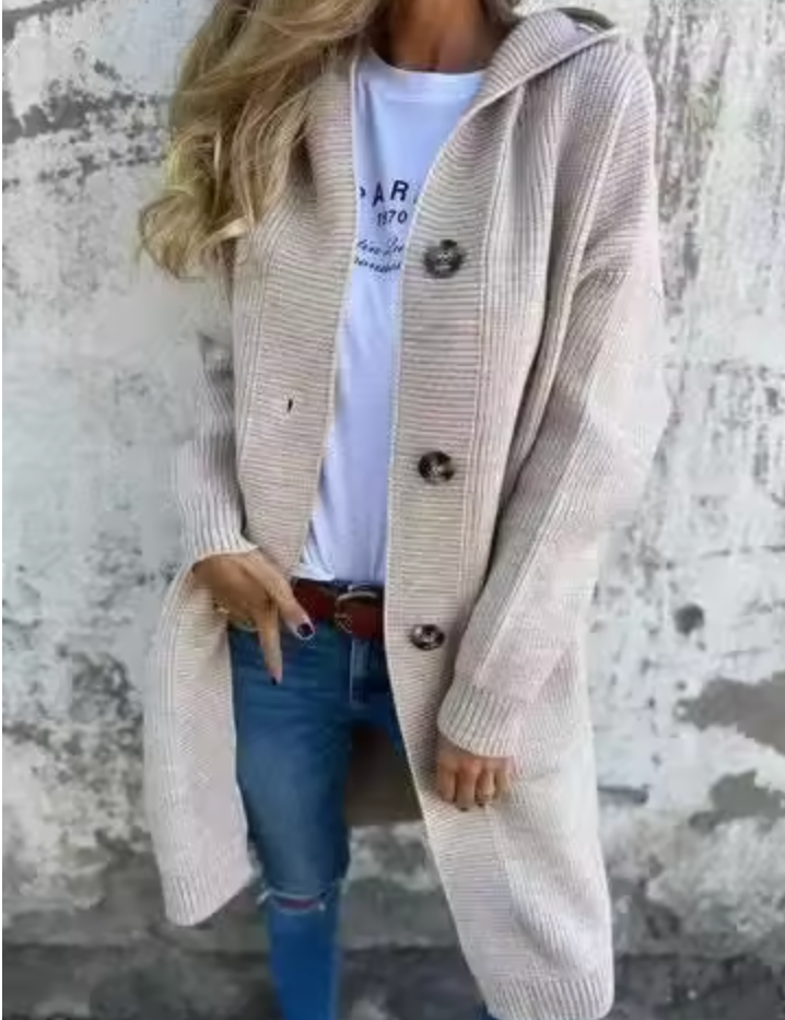 Heidi™ long knit cardigan in beige with button front and side pockets, open collar