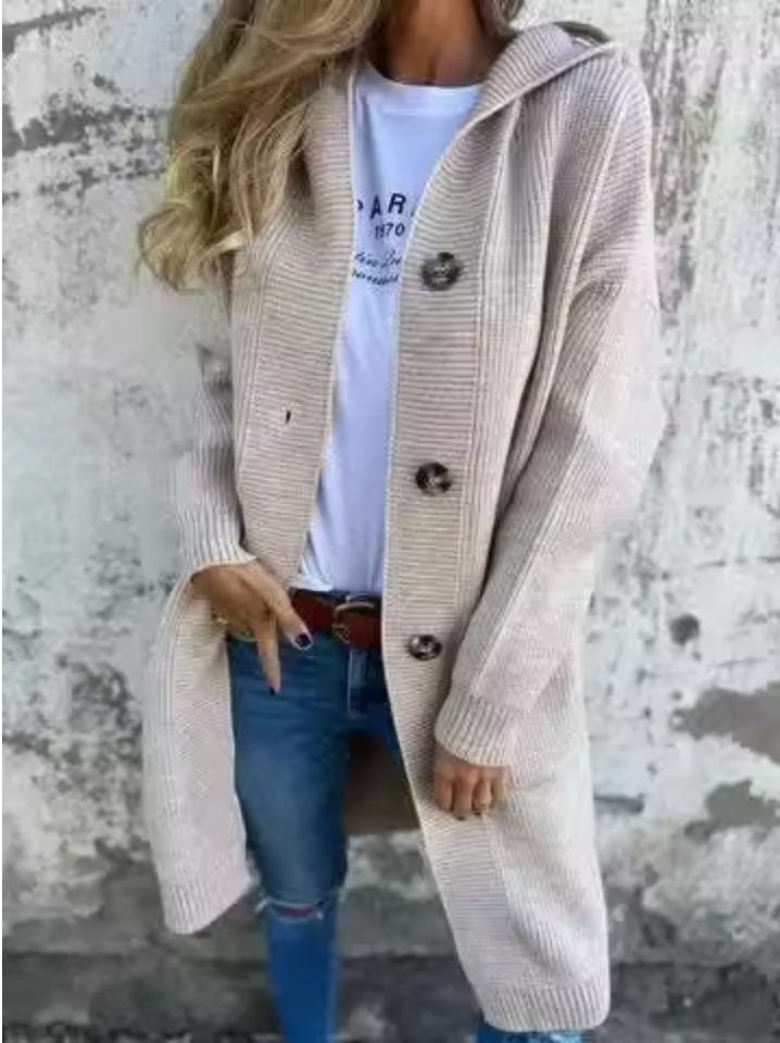 Heidi™ long knit cardigan in beige with button front and side pockets, open collar