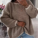 Beige textured knit pullover sweater with crew neck and ribbed cuffs, relaxed fit