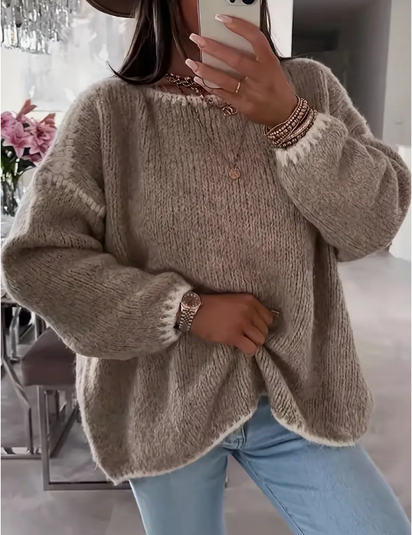 Beige textured knit pullover sweater with crew neck and ribbed cuffs, relaxed fit