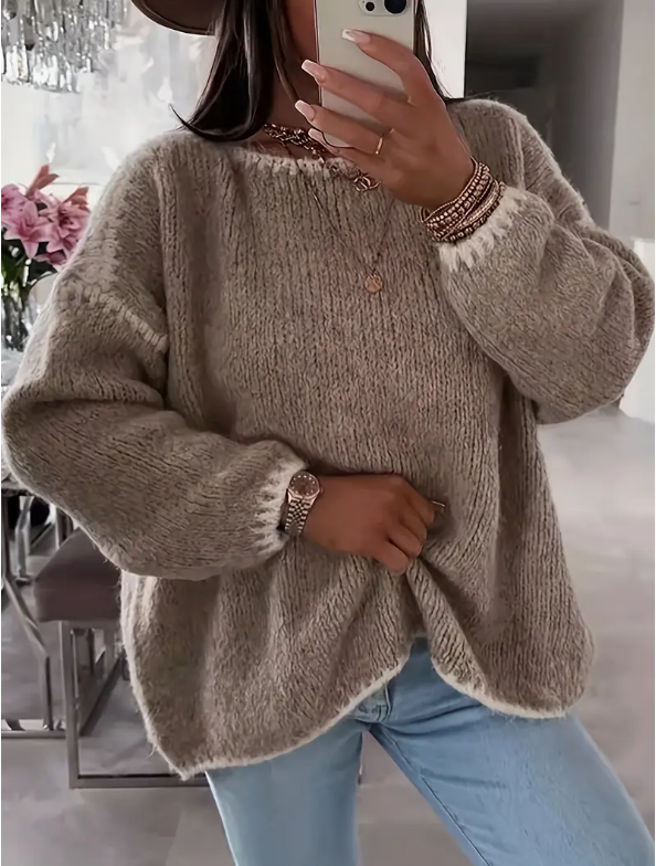 Beige textured knit pullover sweater with crew neck and ribbed cuffs, relaxed fit