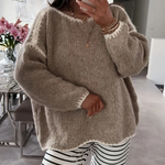 Taupe beige textured knit pullover sweater with crew neck and long loose sleeves