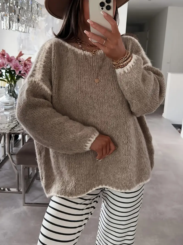 Taupe beige textured knit pullover sweater with crew neck and long loose sleeves