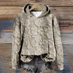 Beige lace-embroidered hoodie with gray hood lining and kangaroo pocket