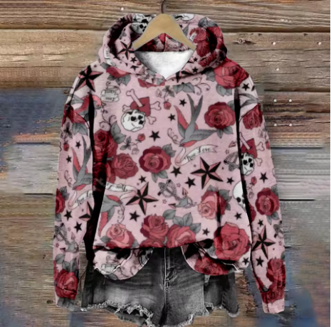 Pink graphic hoodie with rose and cat prints, kangaroo pocket, drawstring hood