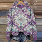 Lavender and light teal patterned hoodie with drawstring hood and kangaroo pocket