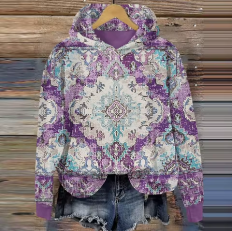 Lavender and light teal patterned hoodie with drawstring hood and kangaroo pocket