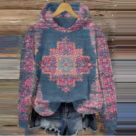 Teal and pink patterned hoodie with drawstring hood and kangaroo pocket