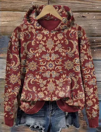 Burgundy floral-pattern hooded pullover with front kangaroo pocket