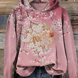 Pink classic hoodie with floral cherry blossom print and drawstring hood