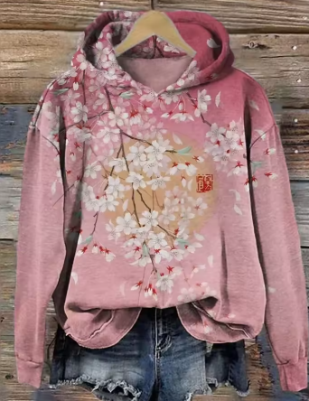 Pink classic hoodie with floral cherry blossom print and drawstring hood